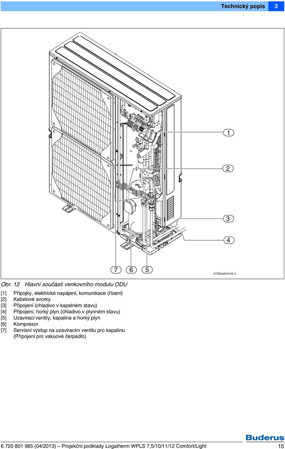 Připojení (chladivo v kapalném stavu) [4] Připojení, horký plyn (chladivo v plynném stavu) [5] Uzavírací ventily, kapalina a