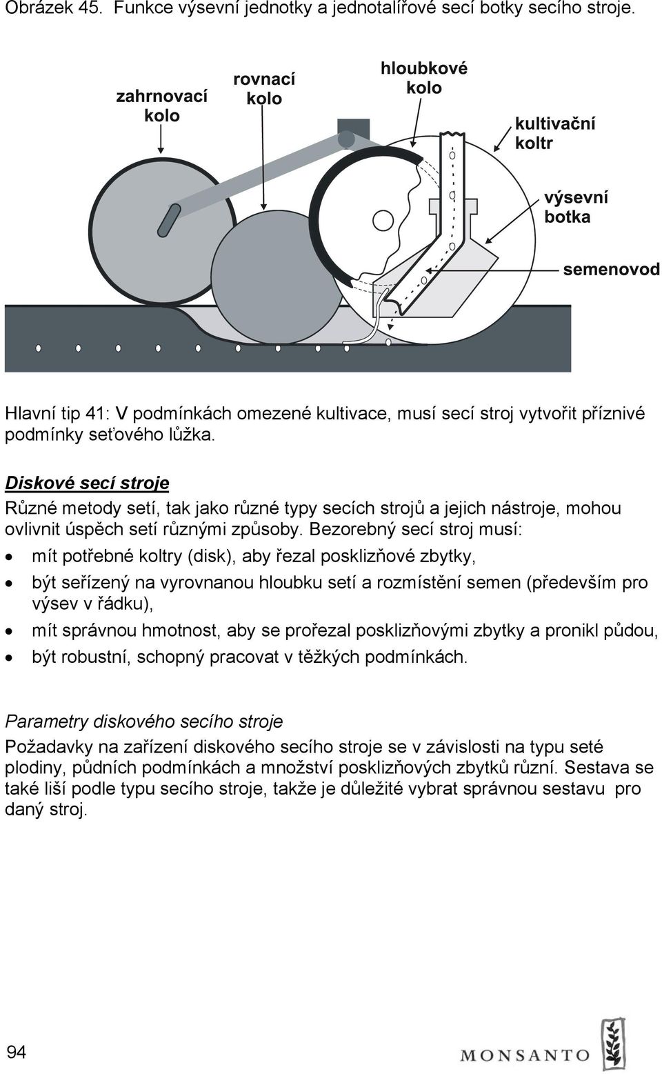 Bezorebný secí stroj musí: mít potřebné koltry (disk), aby řezal posklizňové zbytky, být seřízený na vyrovnanou hloubku setí a rozmístění semen (především pro výsev v řádku), mít správnou hmotnost,