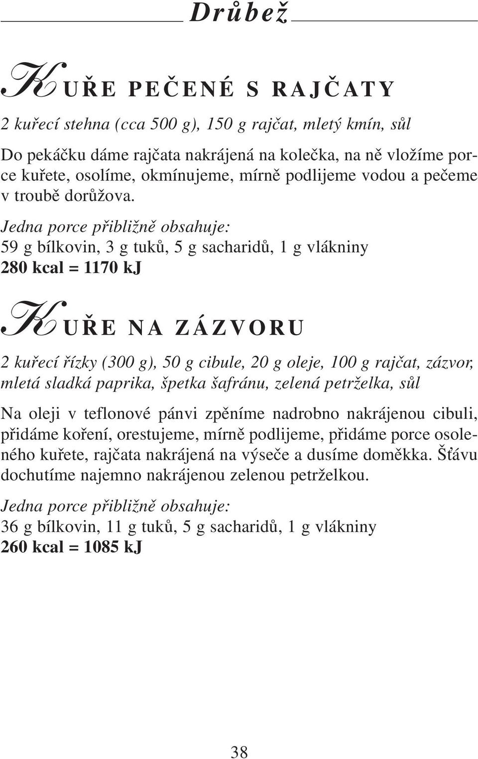 59 g bílkovin, 3 g tuků, 5 g sacharidů, 1 g vlákniny 280 kcal = 1170 kj K UŘE NA ZÁZVORU 2 kuřecí řízky (300 g), 50 g cibule, 20 g oleje, 100 g rajčat, zázvor, mletá sladká paprika, špetka