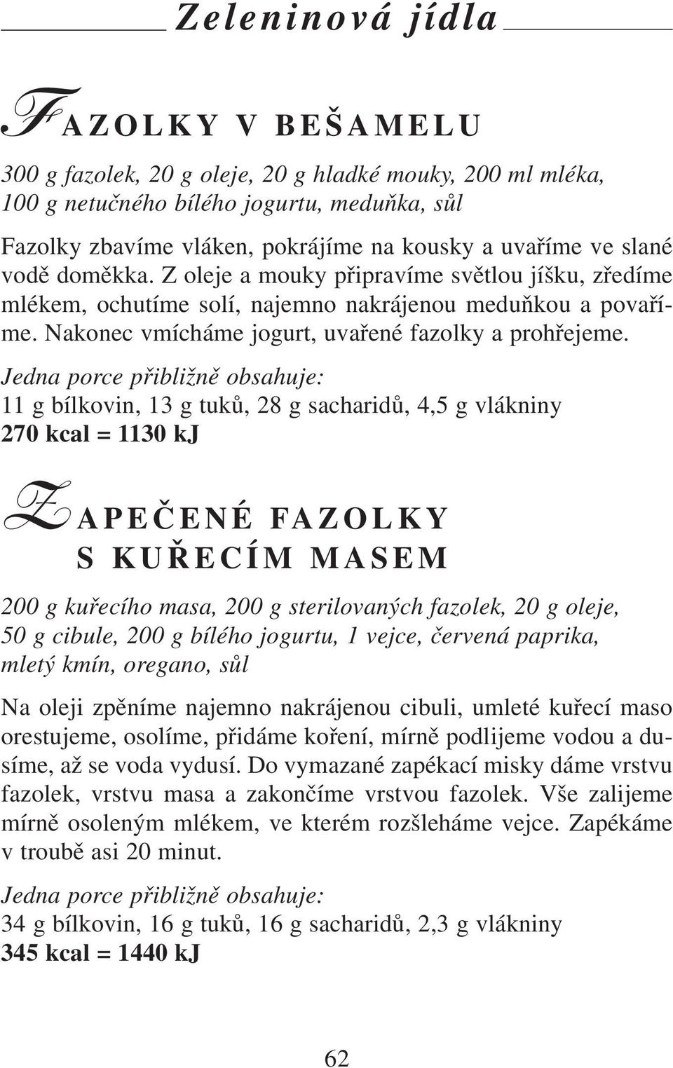 11 g bílkovin, 13 g tuků, 28 g sacharidů, 4,5 g vlákniny 270 kcal = 1130 kj Z APEČENÉ FAZOLKY S KUŘECÍM MASEM 200 g kuřecího masa, 200 g sterilovaných fazolek, 20 g oleje, 50 g cibule, 200 g bílého