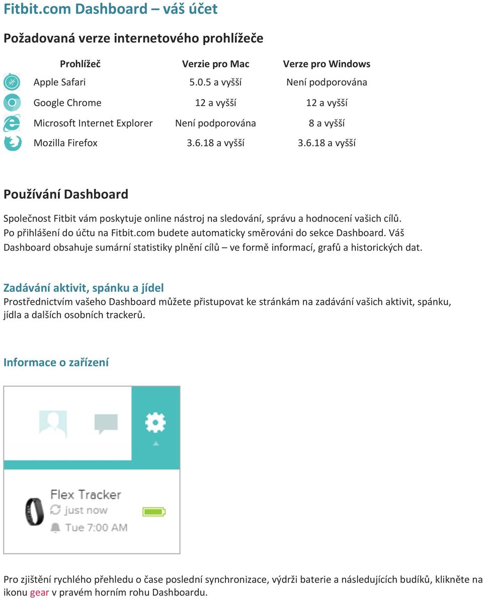 18 a vyšší 3.6.18 a vyšší Používání Dashboard Společnost Fitbit vám poskytuje online nástroj na sledování, správu a hodnocení vašich cílů. Po přihlášení do účtu na Fitbit.