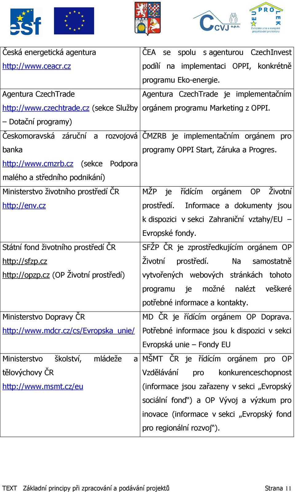 cz (OP Životní prostředí) Ministerstvo Dopravy ČR http://www.mdcr.cz/cs/evropska_unie/ Ministerstvo školství, mládeže a tělovýchovy ČR http://www.msmt.