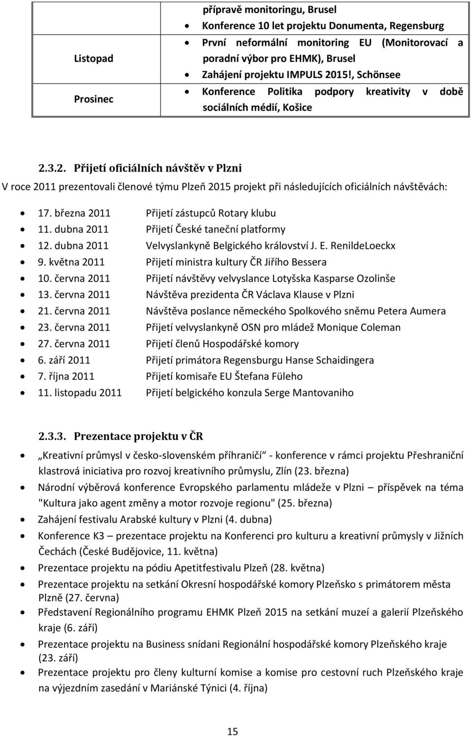 března 2011 Přijetí zástupců Rotary klubu 11. dubna 2011 Přijetí České taneční platformy 12. dubna 2011 Velvyslankyně Belgického království J. E. RenildeLoeckx 9.