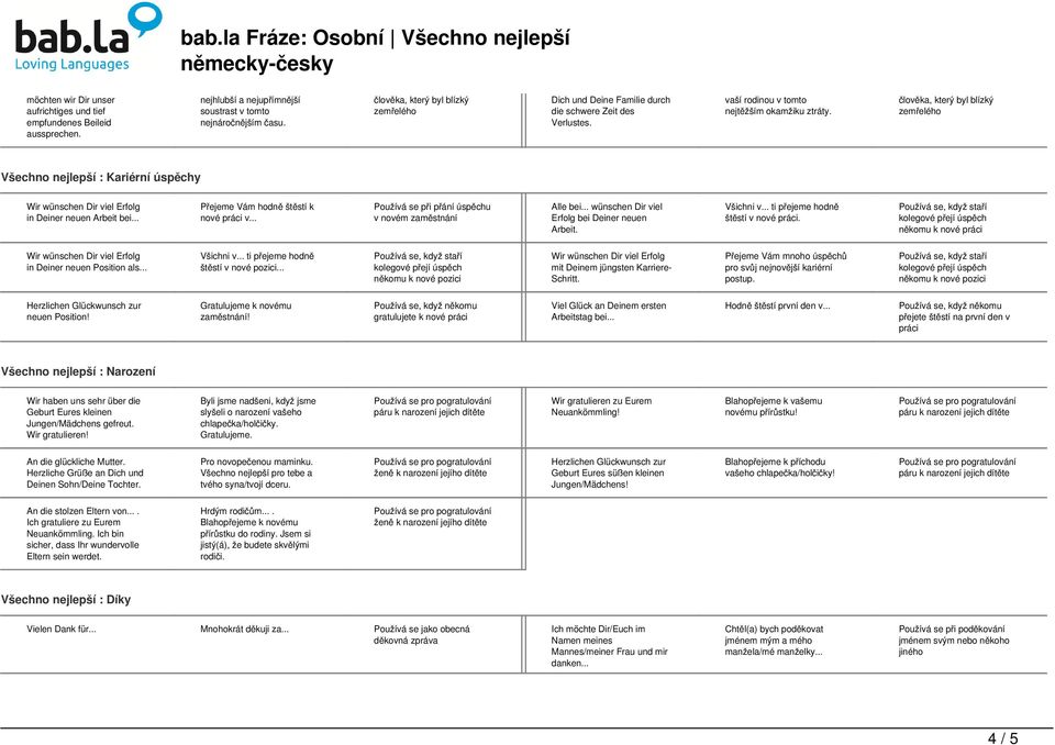 .. Používá se při přání úspěchu v novém zaměstnání Alle bei... wünschen Dir viel Erfolg bei Deiner neuen Arbeit. Všichni v... ti přejeme hodně štěstí v nové práci.