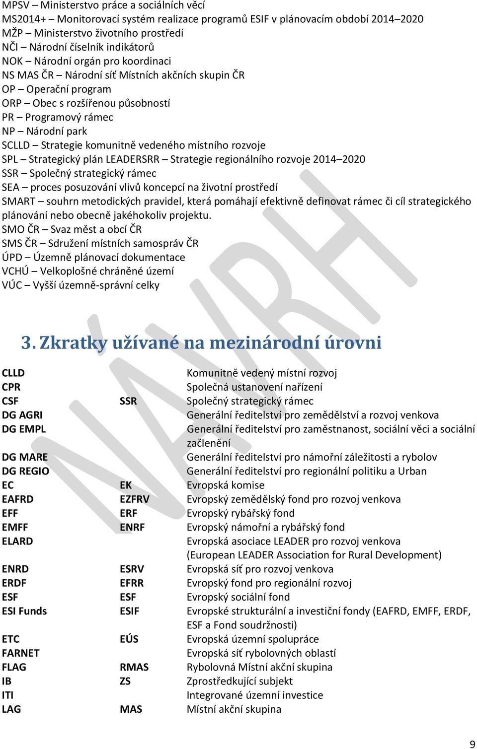 vedeného místního rozvoje SPL Strategický plán LEADERSRR Strategie regionálního rozvoje 2014 2020 SSR Společný strategický rámec SEA proces posuzování vlivů koncepcí na životní prostředí SMART souhrn