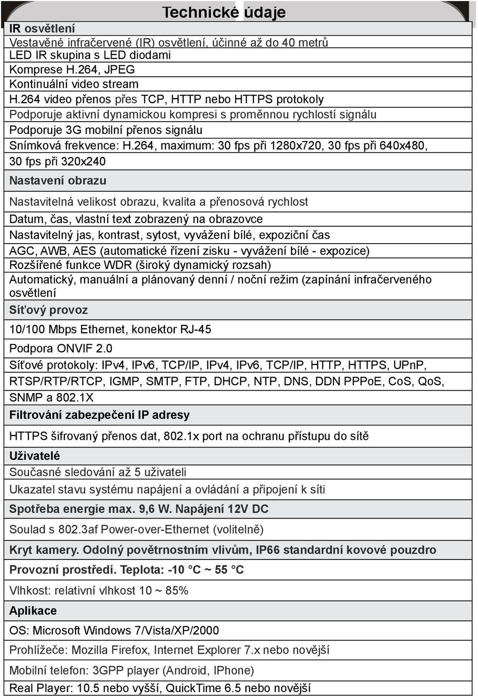 264, maximum: 30 fps při 1280x720, 30 fps při 640x480, 30 fps při 320x240 Nastavení obrazu Nastavitelná velikost obrazu, kvalita a přenosová rychlost Datum, čas, vlastní text zobrazený na obrazovce