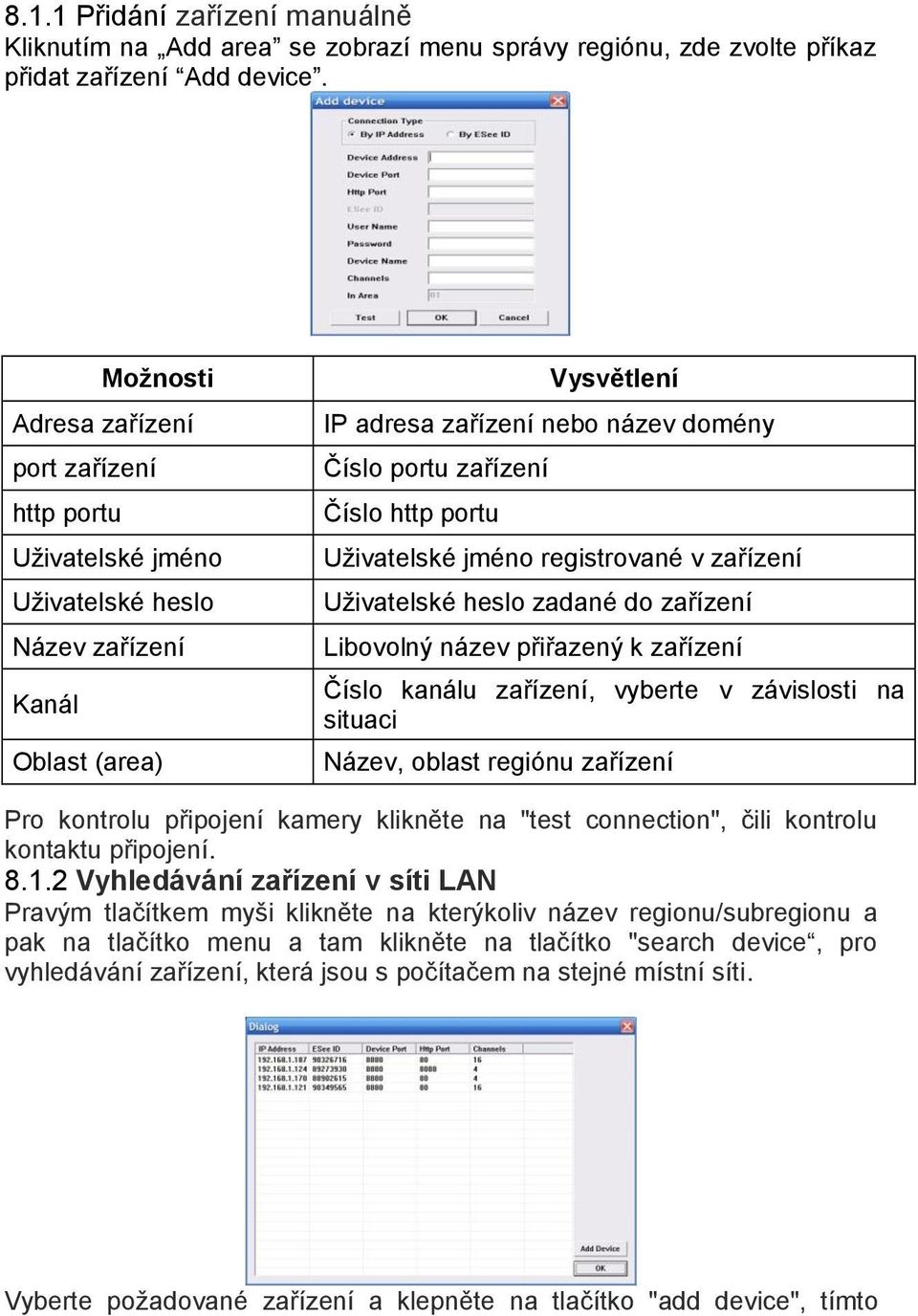 http portu Uživatelské jméno registrované v zařízení Uživatelské heslo zadané do zařízení Libovolný název přiřazený k zařízení Číslo kanálu zařízení, vyberte v závislosti na situaci Název, oblast