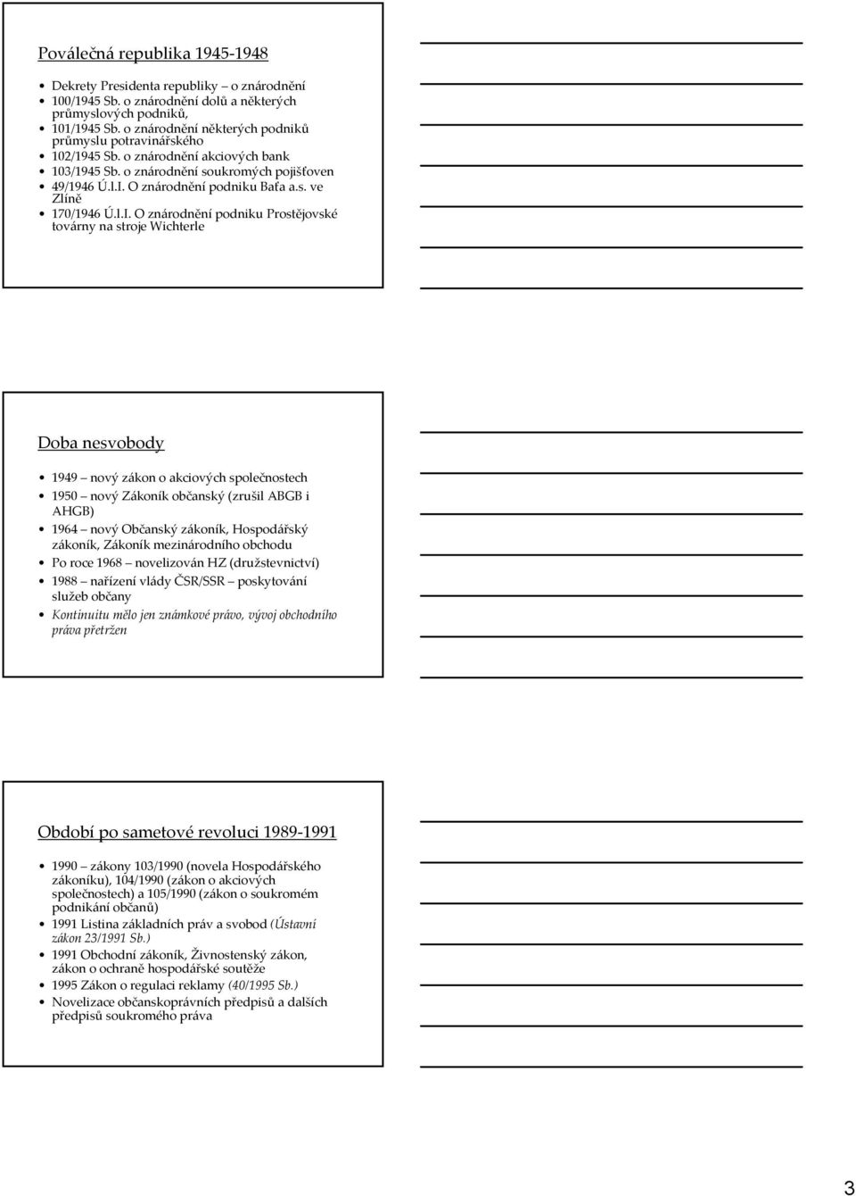 l.I. O znárodnění podniku Prostějovské továrny na stroje Wichterle Doba nesvobody 1949 nový zákon o akciových společnostech 1950 nový Zákoník občanský (zrušil ABGB i AHGB) 1964 nový Občanský zákoník,