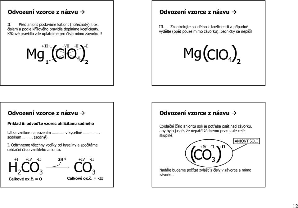 ( +VII -II )-I ClO ( ) 1 4 ClO 4 +II Mg 2 Mg 2 Odvození vzorce z názvu Příklad ii: odvoďte vzorec uhličitanu sodného Látka vznikne nahrazením v kyselině. sodíkem. (sodný). I.