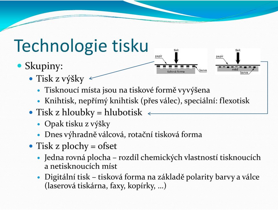 tisku z výšky Dnes výhradně válcová, rotační tisková forma Tisk z plochy = ofset Jedna rovná plocha rozdíl chemických