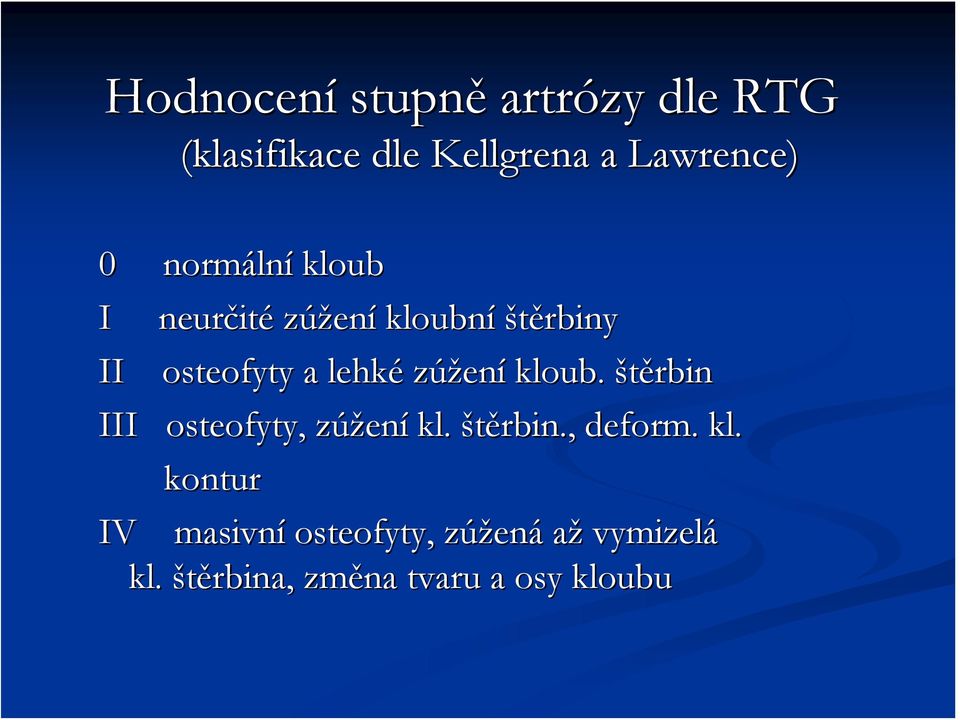 zúžení kloub. štěrbin III osteofyty, zúžení kl. štěrbin., deform.. kl. kontur IV masivní osteofyty, zúžená až vymizelá kl.