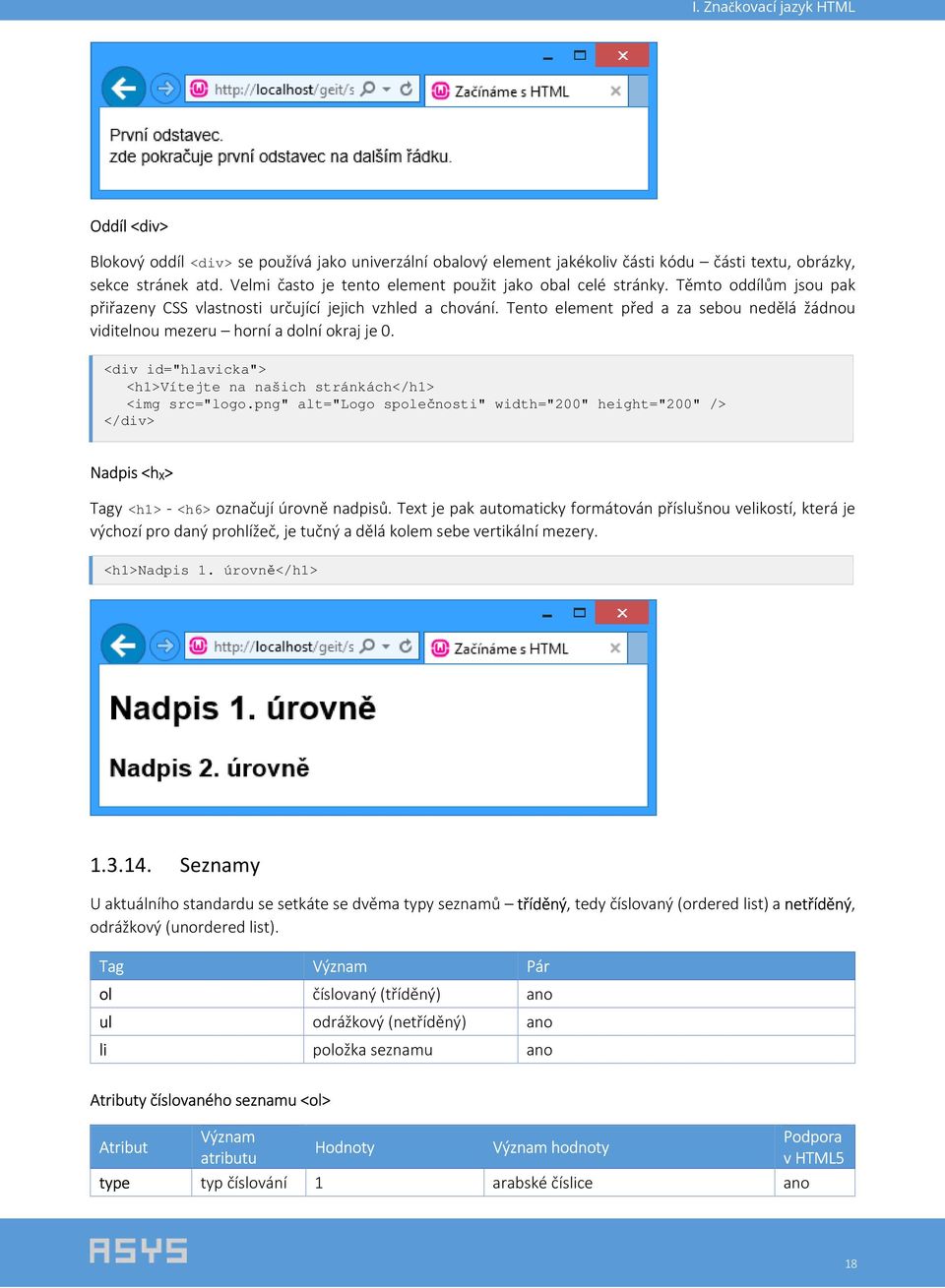 <div id="hlavicka"> <h1>vítejte na našich stránkách</h1> <img src="logo.png" alt="logo společnosti" width="200" height="200" /> </div> Nadpis <h X> Tagy <h1> - <h6> označují úrovně nadpisů.