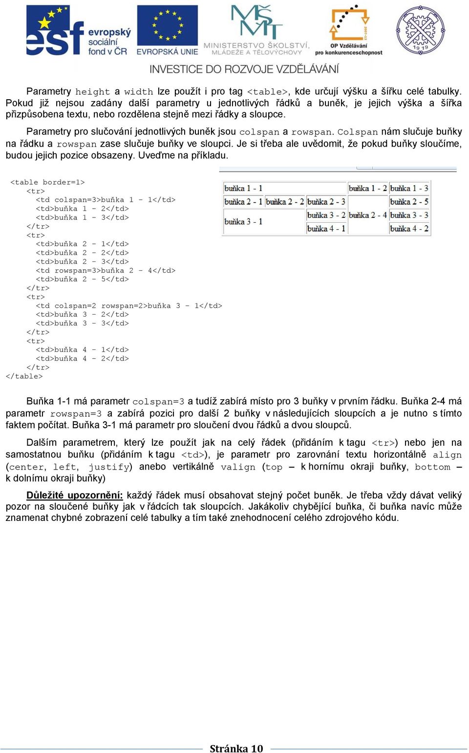 Parametry pro slučování jednotlivých buněk jsou colspan a rowspan. Colspan nám slučuje buňky na řádku a rowspan zase slučuje buňky ve sloupci.