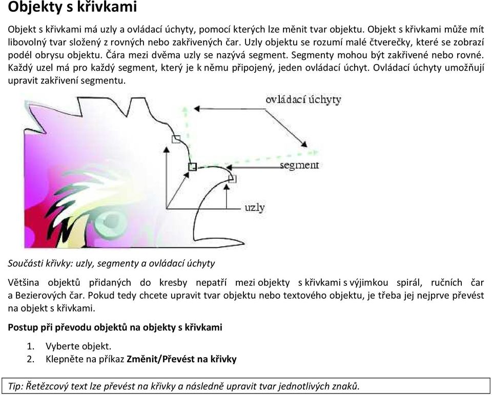 Každý uzel má pro každý segment, který je k němu připojený, jeden ovládací úchyt. Ovládací úchyty umožňují upravit zakřivení segmentu.