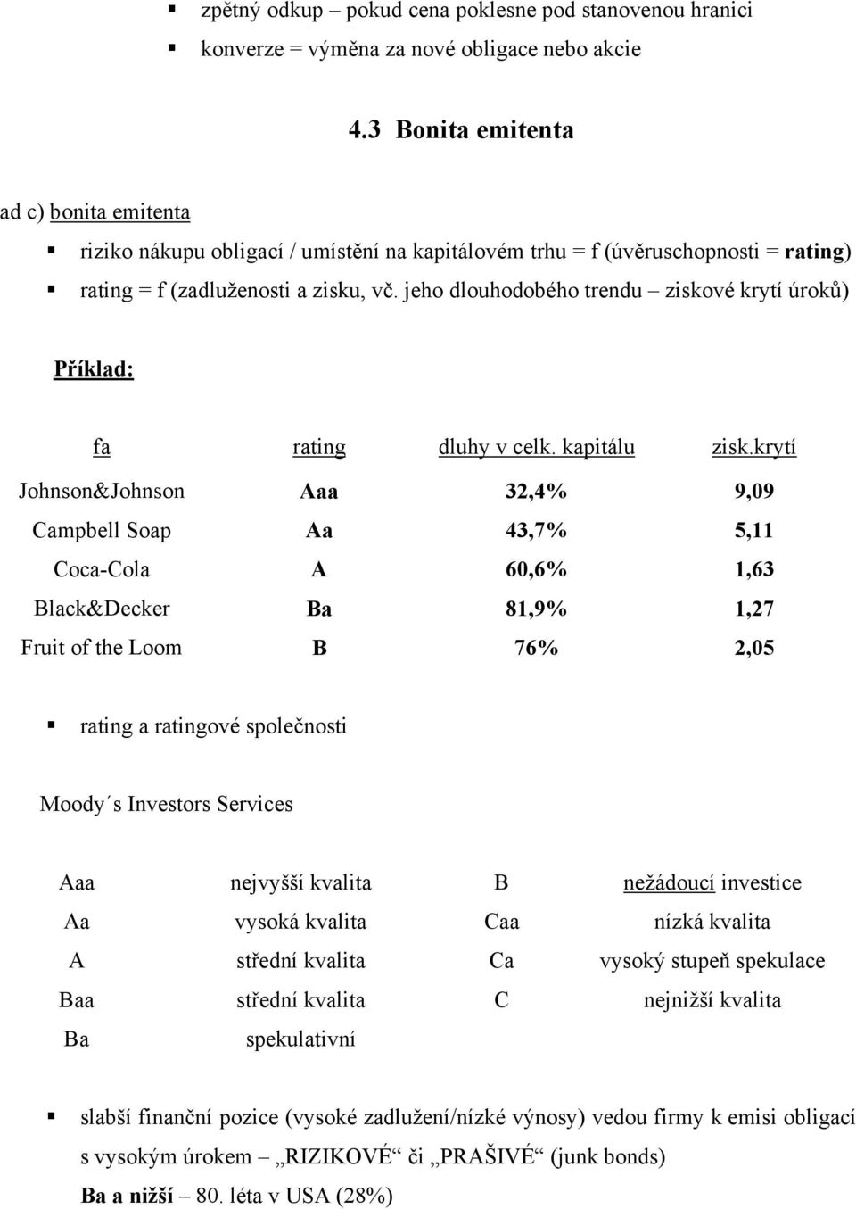 jeho dlouhodobého trendu ziskové krytí úroků) Příklad: fa rating dluhy v celk. kapitálu zisk.