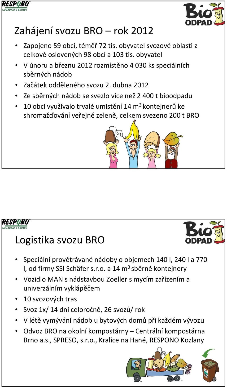 dubna 2012 Ze sběrných nádob se svezlo více než2 400 t bioodpadu 10 obcívyužívalo trvaléumístění14 m 3 kontejnerůke shromažďování veřejné zeleně, celkem svezeno 200 t BRO Logistika svozu BRO