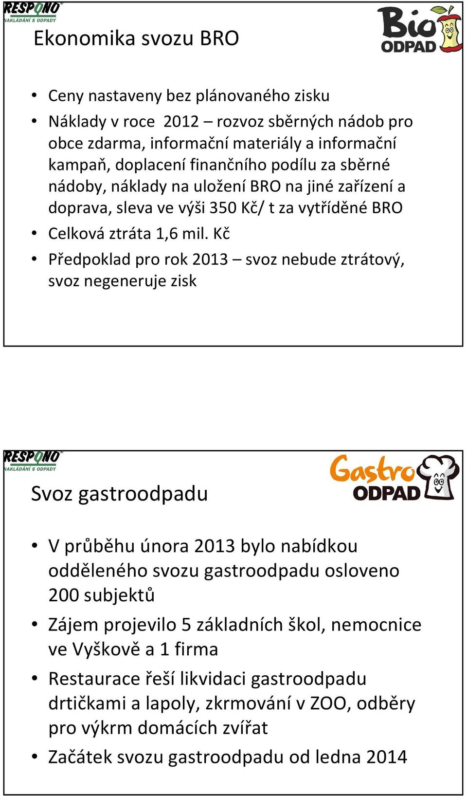 Kč Předpoklad pro rok 2013 svoz nebude ztrátový, svoz negeneruje zisk Svoz gastroodpadu V průběhu února 2013 bylo nabídkou odděleného svozu gastroodpadu osloveno 200 subjektů