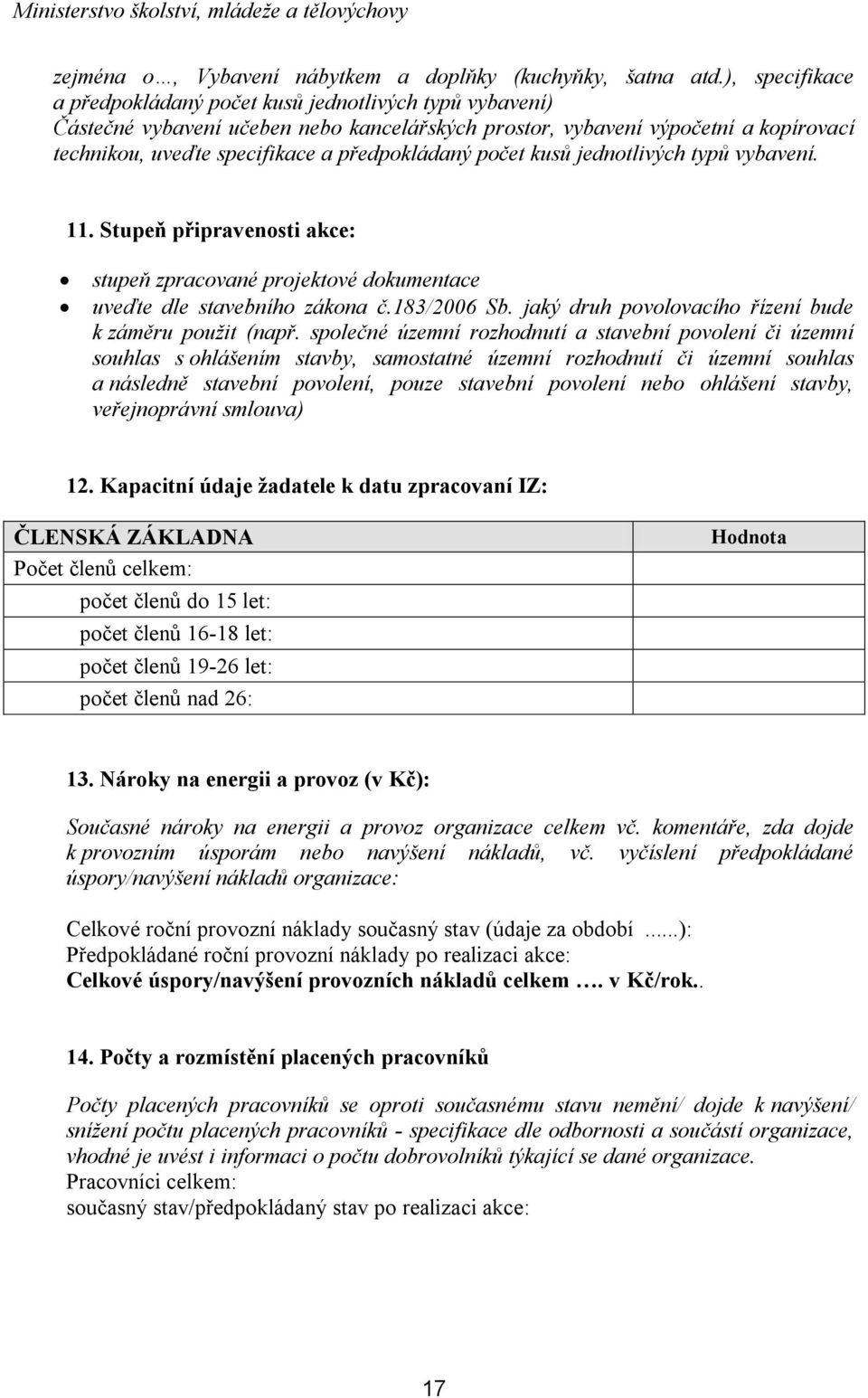 předpokládaný počet kusů jednotlivých typů vybavení. 11. Stupeň připravenosti akce: stupeň zpracované projektové dokumentace uveďte dle stavebního zákona č.183/2006 Sb.