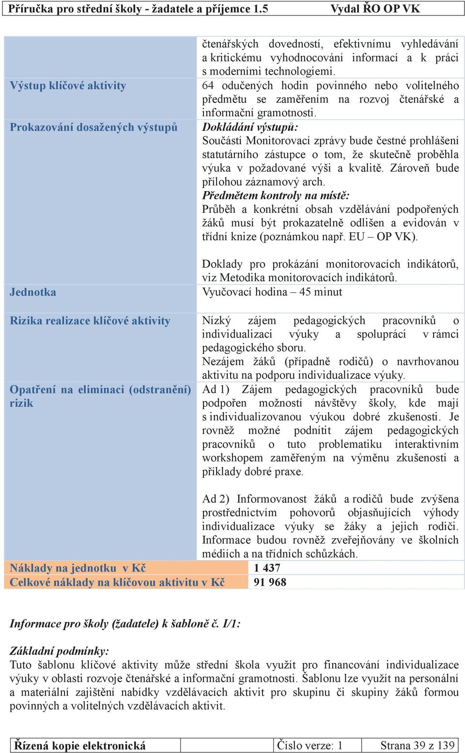 Dokládání výstupů: Součástí Monitorovací zprávy bude čestné prohlášení statutárního zástupce o tom, že skutečně proběhla výuka v požadované výši a kvalitě. Zároveň bude přílohou záznamový arch.