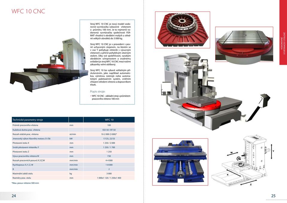 Stroj WFC 10 CNC je v provedení s pevně uchyceným stojanem, na kterém se v ose Y pohybuje vřeteník s výsuvným vřetenem a příčně pohyblivým otočným stolem.