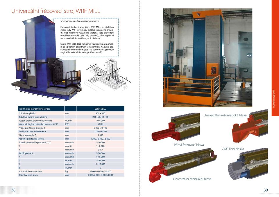 Stroje WRF MILL CNC nabízíme v základním uspořádání os s příčným pojízdným stojanem (osa X), svisle přestavitelným vřeteníkem (osa Y) a vodorovně výsuvným smykadlem obdélníkového průřezu (osa Z).