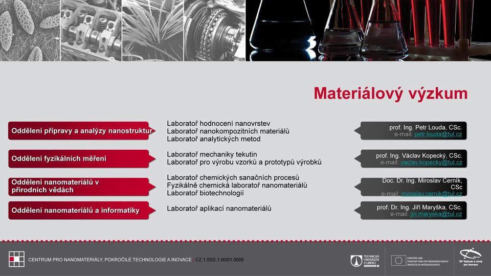 cz Oddělení fyzikálních měření Oddělení nanomateriálů v přírodních vědách Oddělení nanomateriálů a informatiky Laboratoř mechaniky tekutin Laboratoř pro výrobu vzorků a prototypů výrobků Laboratoř