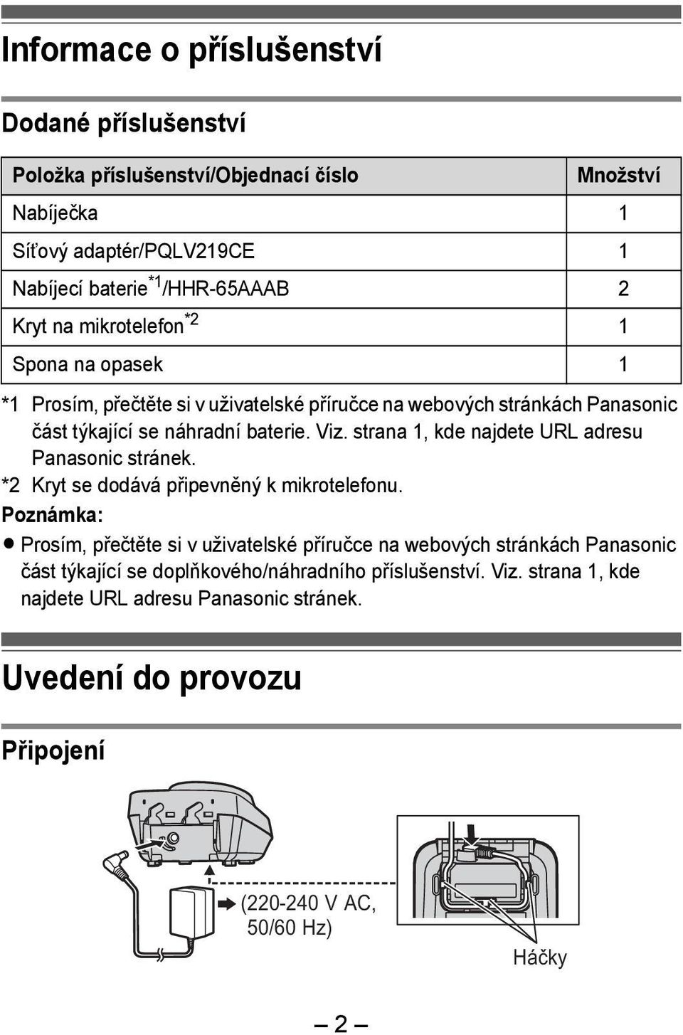 strana 1, kde najdete URL adresu Panasonic stránek. *2 Kryt se dodává připevněný k mikrotelefonu.