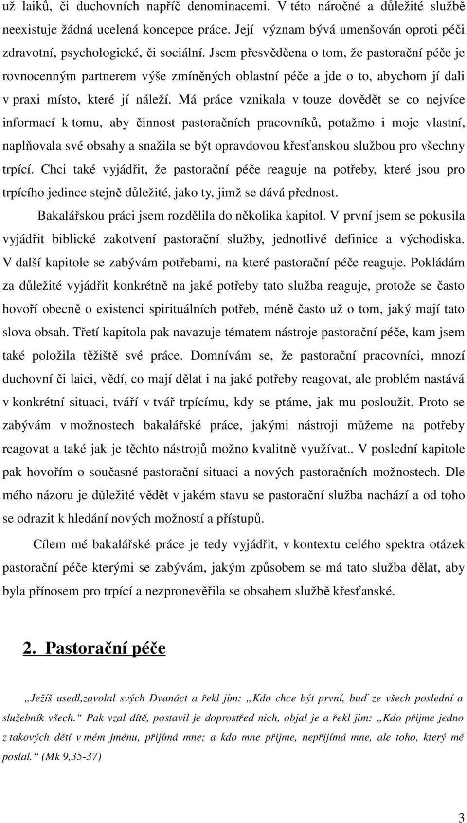 Má práce vznikala v touze dovědět se co nejvíce informací k tomu, aby činnost pastoračních pracovníků, potažmo i moje vlastní, naplňovala své obsahy a snažila se být opravdovou křesťanskou službou