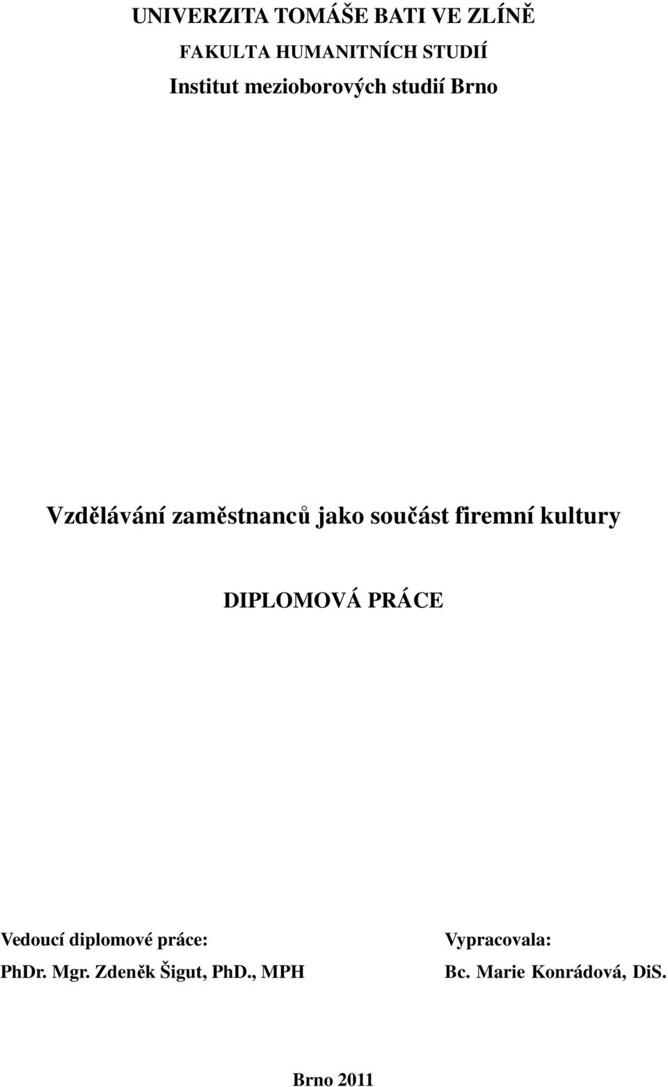 firemní kultury DIPLOMOVÁ PRÁCE Vedoucí diplomové práce: PhDr. Mgr.