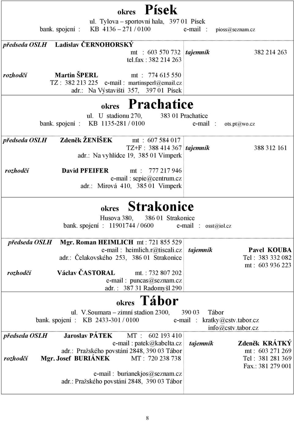 U stadionu 270, 383 01 Prachatice bank. spojení : KB 1135-281 / 0100 e-mail : ots.pt@wo.cz předseda OSLH Zdeněk ŽENÍŠEK mt : 607 584 017 TZ+F : 388 414 367 adr.