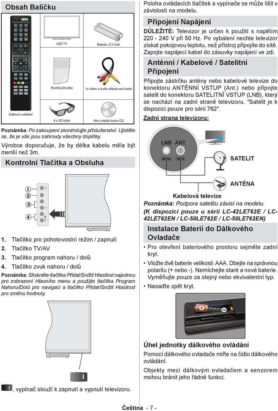 Kontrolní Tlačítka a Obsluha Poloha ovládacích tlačítek a vypínače se může lišit v závislosti na modelu. Připojení Napájení DŮLEŽITÉ: Televizor je určen k použití s napětím 220-240 V při 50 Hz.