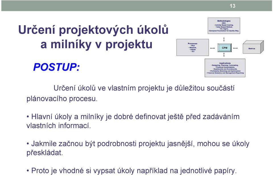 Hlavní úkoly a milníky je dobré definovat ještě před zadáváním vlastních informací.