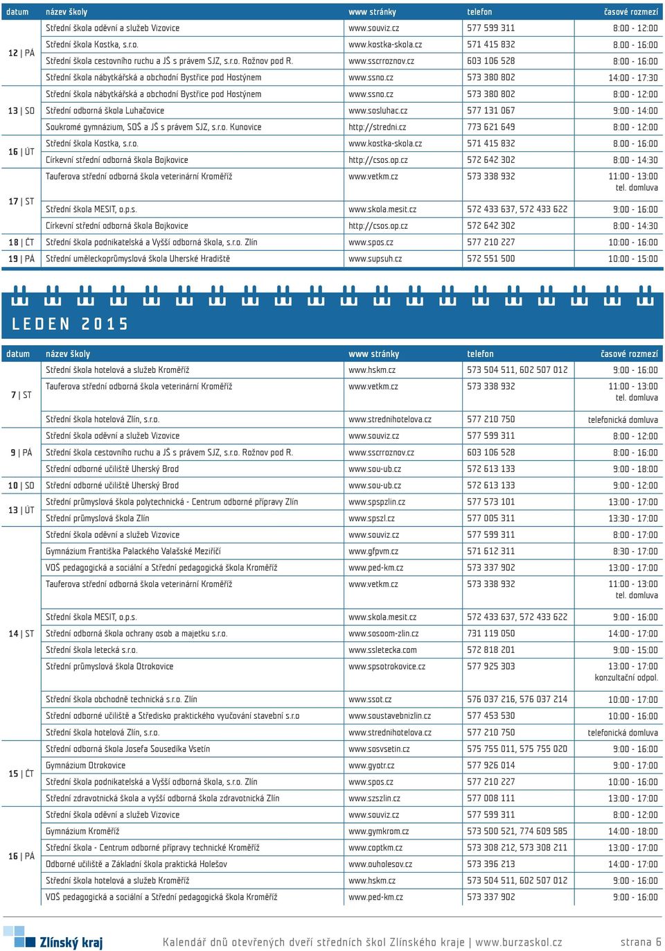 cz 572 642 302 8:00-14:30 18 ČT Střední škola podnikatelská a Vyšší odborná škola, s.r.o. Zlín www.spos.cz 577 210 227 10:00-16:00 19 PÁ Střední uměleckoprůmyslová škola Uherské Hradiště www.supsuh.