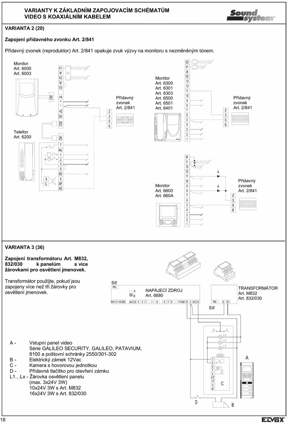 660A P ídavný zvonek Art. 2/841 VARIANTA 3 (36) Zapojení transformátoru Art. M832, 832/030 k panel m s více žárovkami pro osv tlení jmenovek.