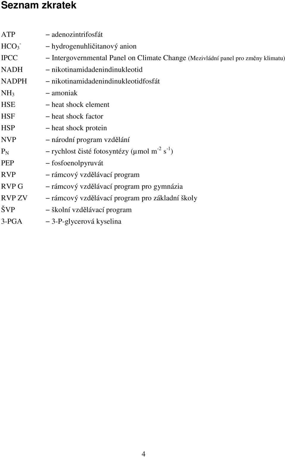 shock protein NVP národní program vzdělání P N rychlost čisté fotosyntézy (µmol m -2 s -1 ) PEP fosfoenolpyruvát RVP rámcový vzdělávací program RVP G