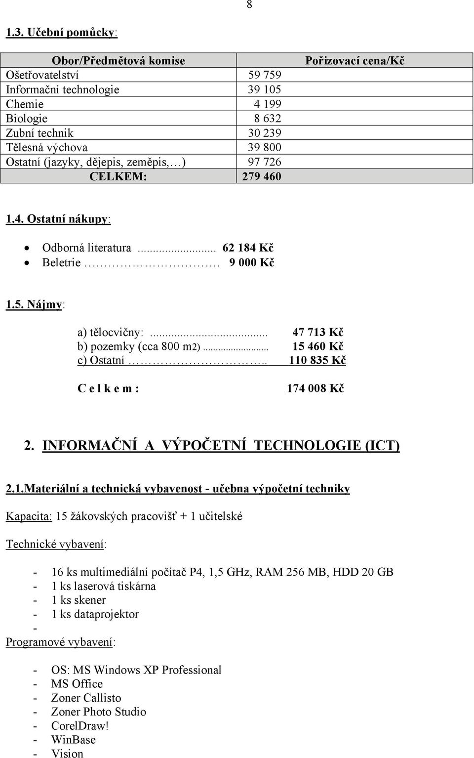 ) 97 726 CELKEM: 279 460 Pořizovací cena/kč 1.4. Ostatní nákupy: Odborná literatura... 62 184 Kč Beletrie. 9 000 Kč 1.5. Nájmy: a) tělocvičny:... 47 713 Kč b) pozemky (cca 800 m2).