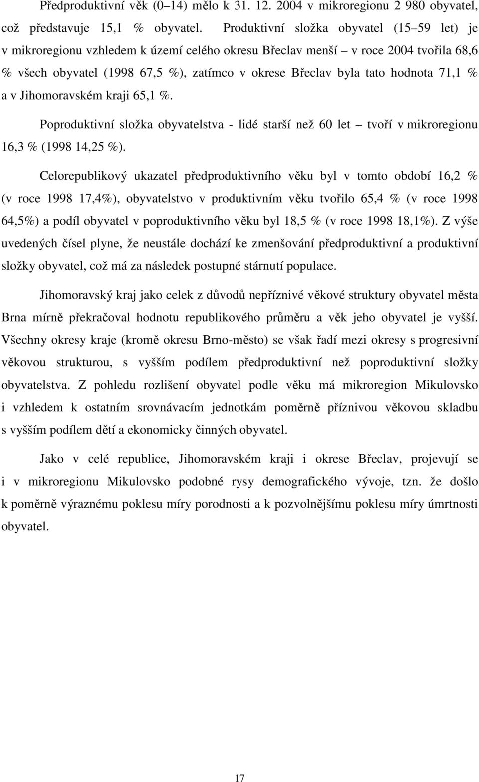 hodnota 71,1 % a v Jihomoravském kraji 65,1 %. Poproduktivní složka obyvatelstva - lidé starší než 60 let tvoří v mikroregionu 16,3 % (1998 14,25 %).