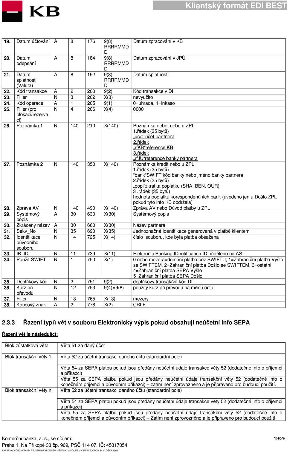 Filler N 3 202 X(3) nevyužito 24. Kód operace A 1 205 9(1) 0=úhrada, 1=inkaso 25. Filler (pro N 4 206 X(4) 0000 blokaci/rezerva ci) 26. Poznámka 1 N 140 210 X(140) Poznámka debet nebo u ZPL 1.