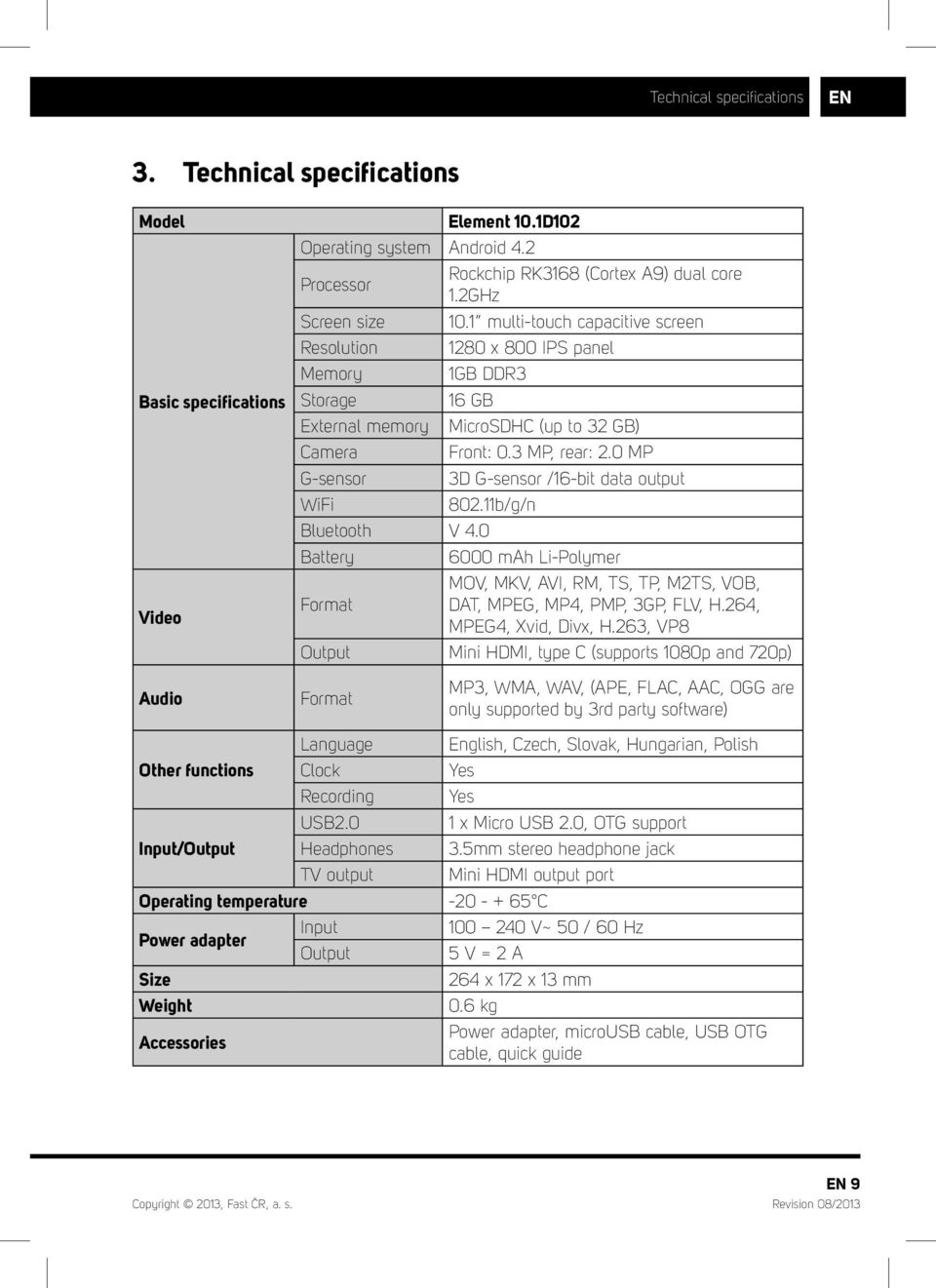 0 MP G-sensor 3D G-sensor /16-bit data output WiFi 802.11b/g/n Bluetooth V 4.0 Battery 6000 mah Li-Polymer MOV, MKV, AVI, RM, TS, TP, M2TS, VOB, Video Format DAT, MPEG, MP4, PMP, 3GP, FLV, H.