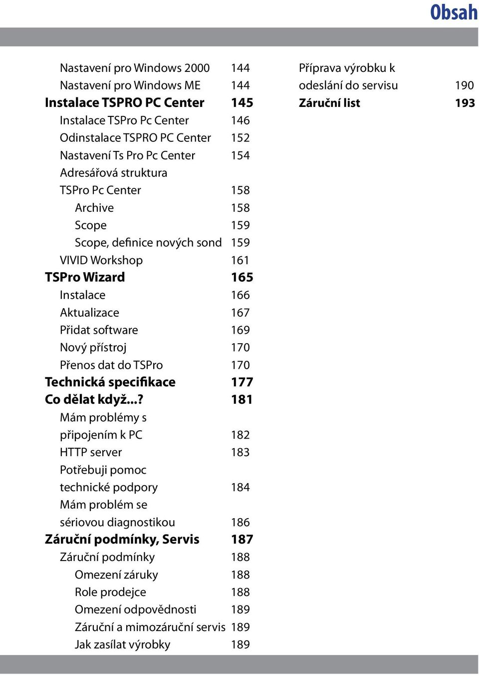 do TSPro 170 Technická specifikace 177 Co dělat když.