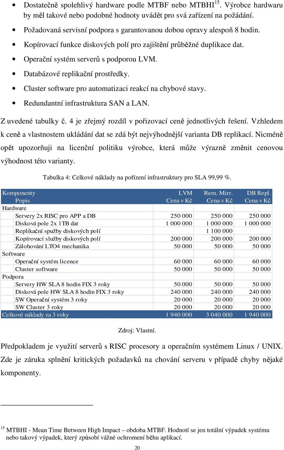 Databázové replikační prostředky. Cluster software pro automatizaci reakcí na chybové stavy. Redundantní infrastruktura SAN a LAN. Z uvedené tabulky č.