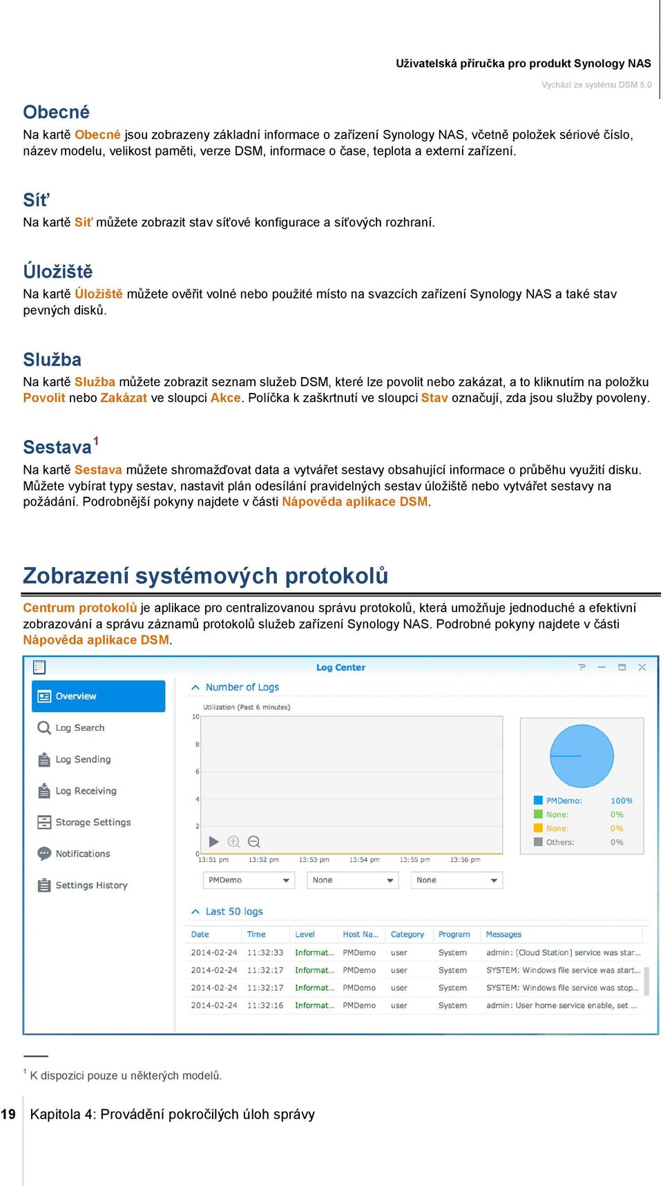 Úložiště Na kartě Úložiště můžete ověřit volné nebo použité místo na svazcích zařízení Synology NAS a také stav pevných disků.