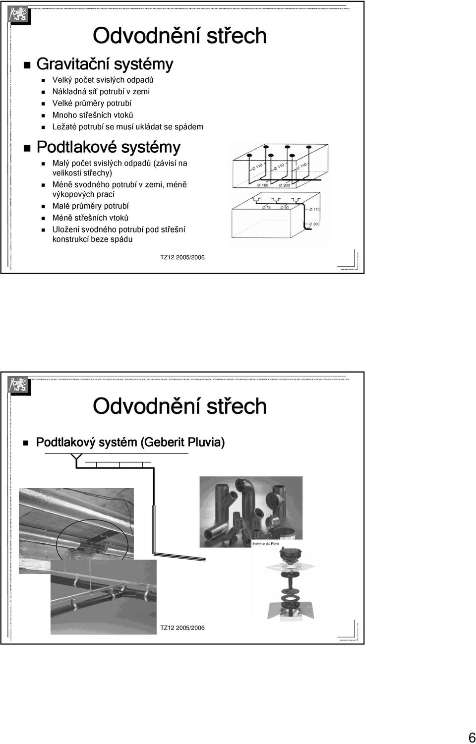 (závisí na velikosti střechy) Méně svodného potrubí v zemi, méně výkopových prací Malé průměry potrubí