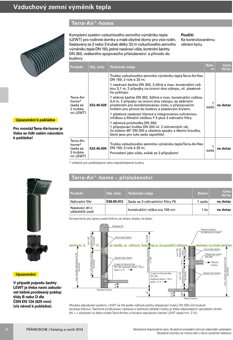 číslo Technické údaje Ke kontrolovanému větrání bytu. Balení Trubka vzduchového zemního výměníku tepla Terra-Air-flex DN 150; 2 role à 33 m; 1 nasávací šachta DN 350, 3 dílná s max.