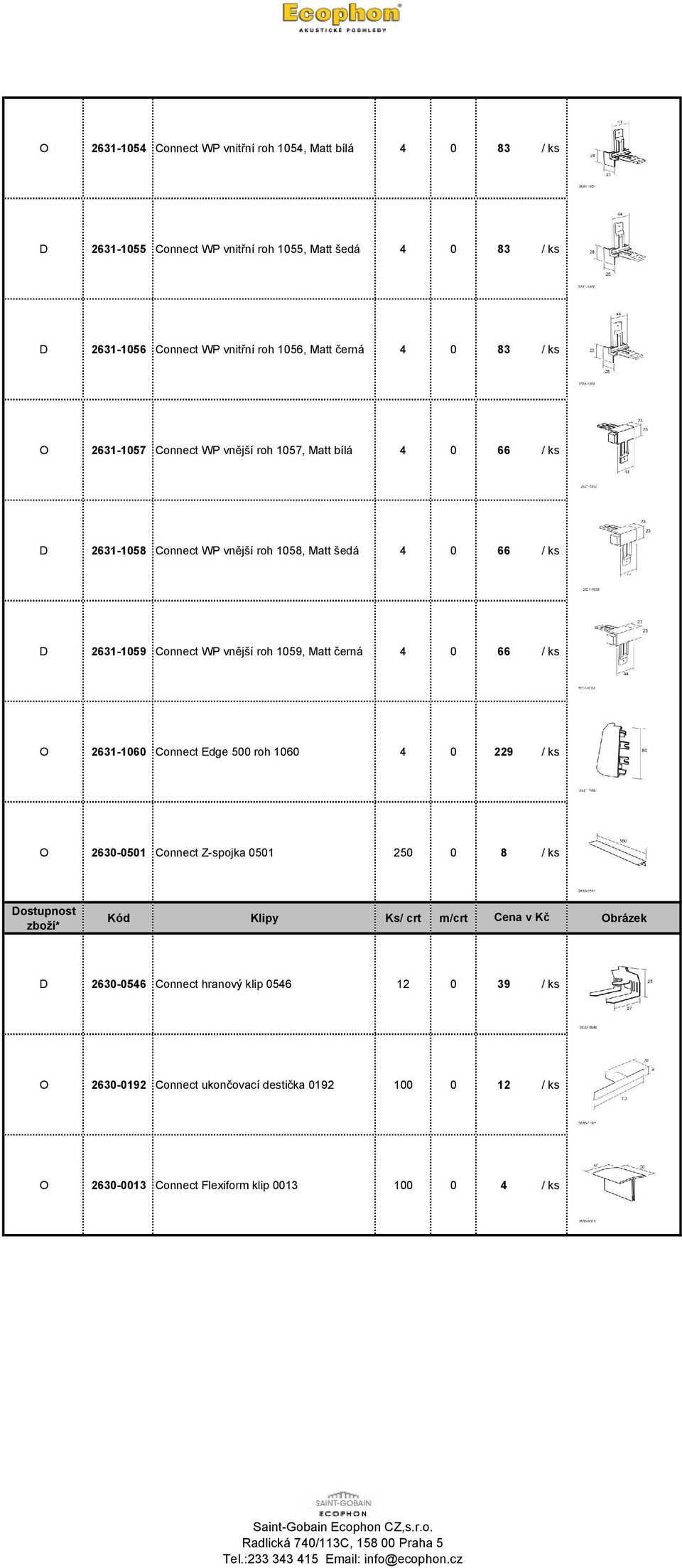 roh 1059, Matt černá 4 0 66 / ks 2631-1060 Connect Edge 500 roh 1060 4 0 229 / ks 2630-0501 Connect Z-spojka 0501 250 0 8 / ks Dostupnost Kód Klipy Ks/ crt m/crt Cena v