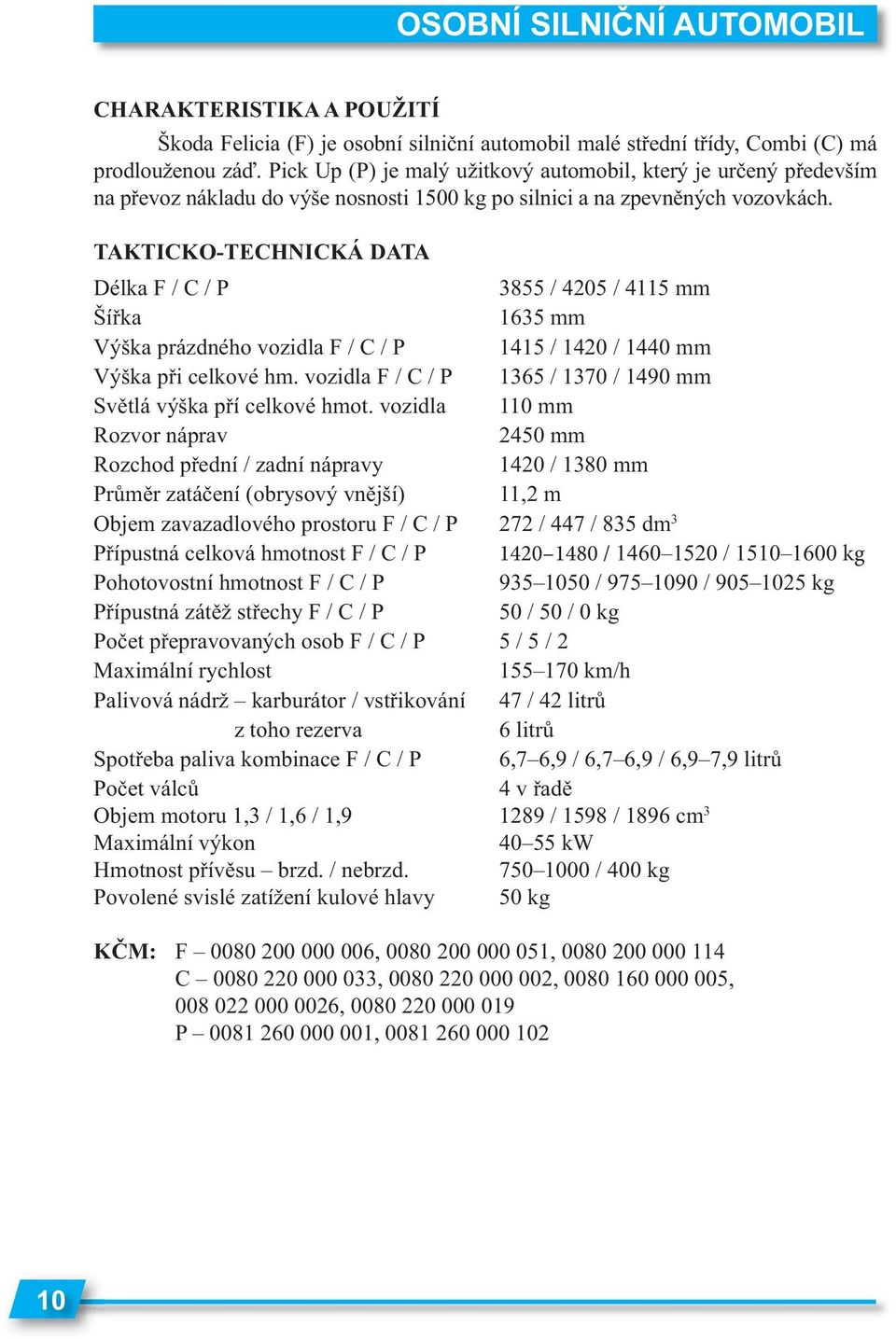 TAKTICKO-TECHNICKÁ DATA Délka F / C / P 3855 / 4205 / 4115 mm Šířka 1635 mm Výška prázdného vozidla F / C / P 1415 / 1420 / 1440 mm Výška při celkové hm.