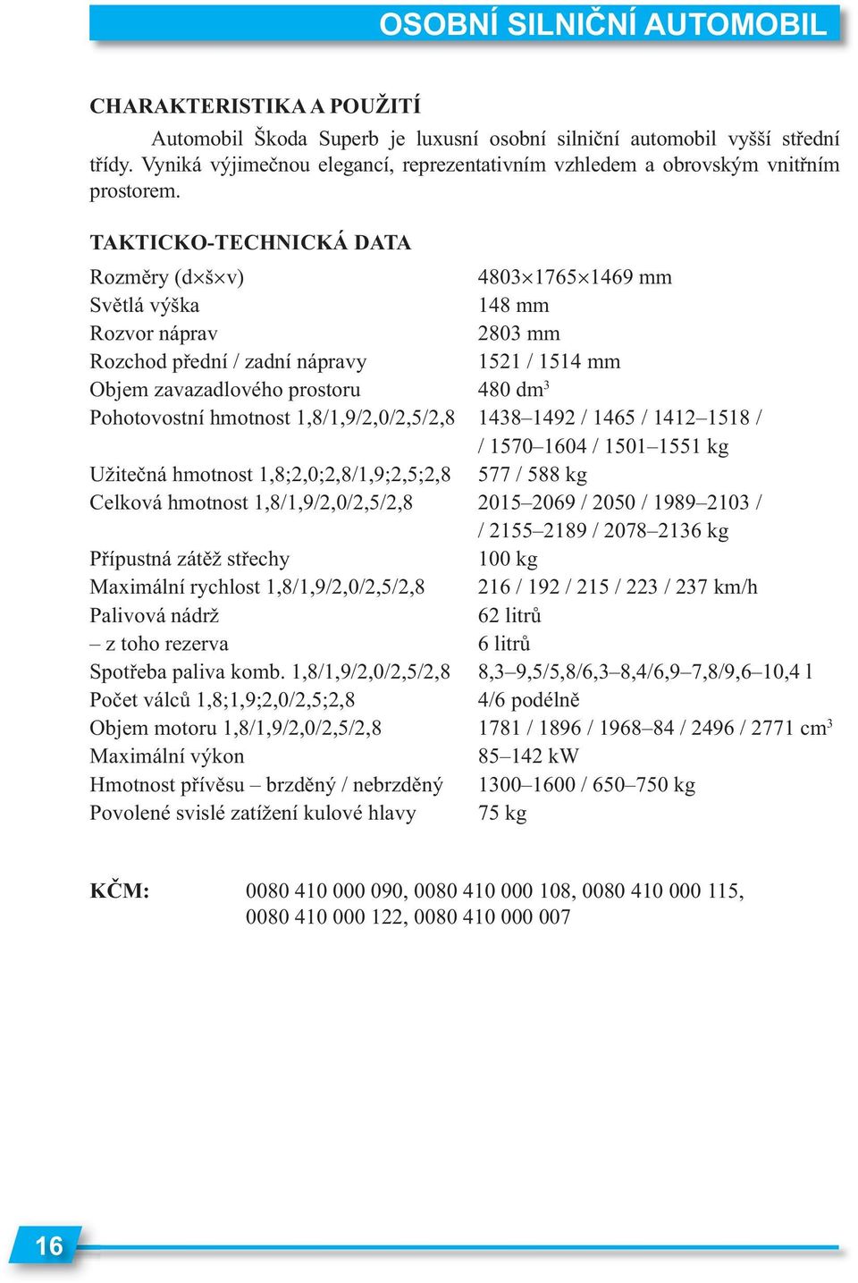 TAKTICKO-TECHNICKÁ DATA Rozměry (d š v) 4803 1765 1469 mm Světlá výška 148 mm Rozvor náprav 2803 mm Rozchod přední / zadní nápravy 1521 / 1514 mm Objem zavazadlového prostoru 480 dm 3 Pohotovostní