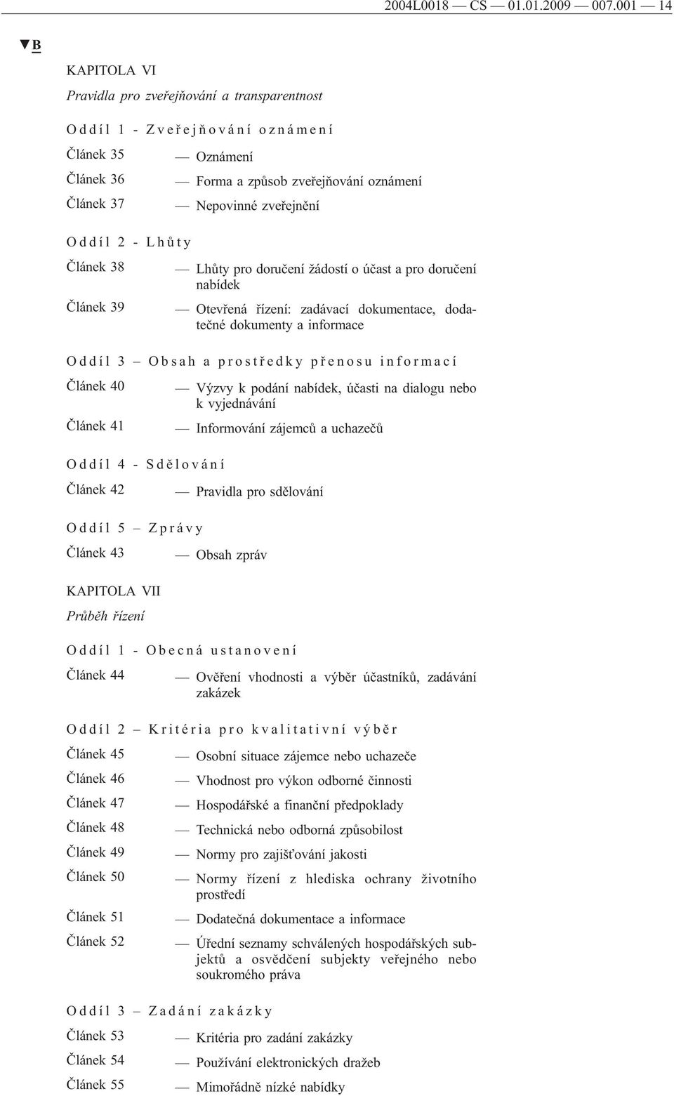 2 - Lhů ty Článek 38 Lhůty pro doručení žádostí o účast a pro doručení nabídek Článek 39 Otevřená řízení: zadávací dokumentace, dodatečné dokumenty a informace Oddíl 3 Obsah a prostř edky př enosu