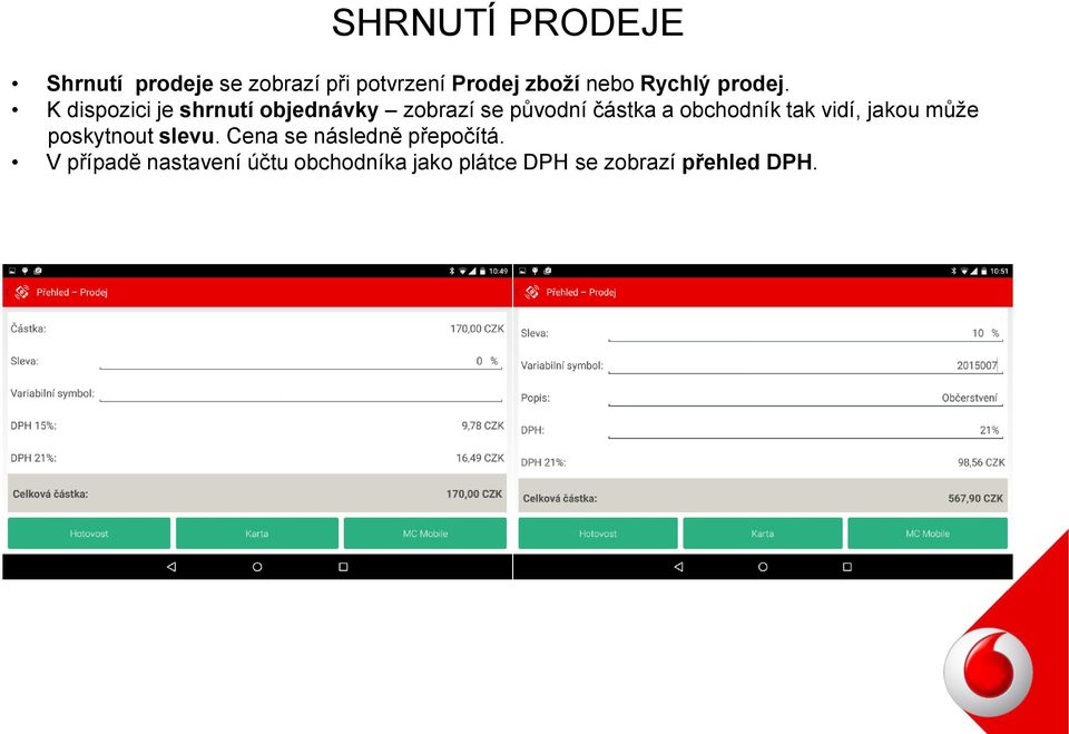 K dispozici je shrnutí objednávky zobrazí se původní částka a obchodník tak