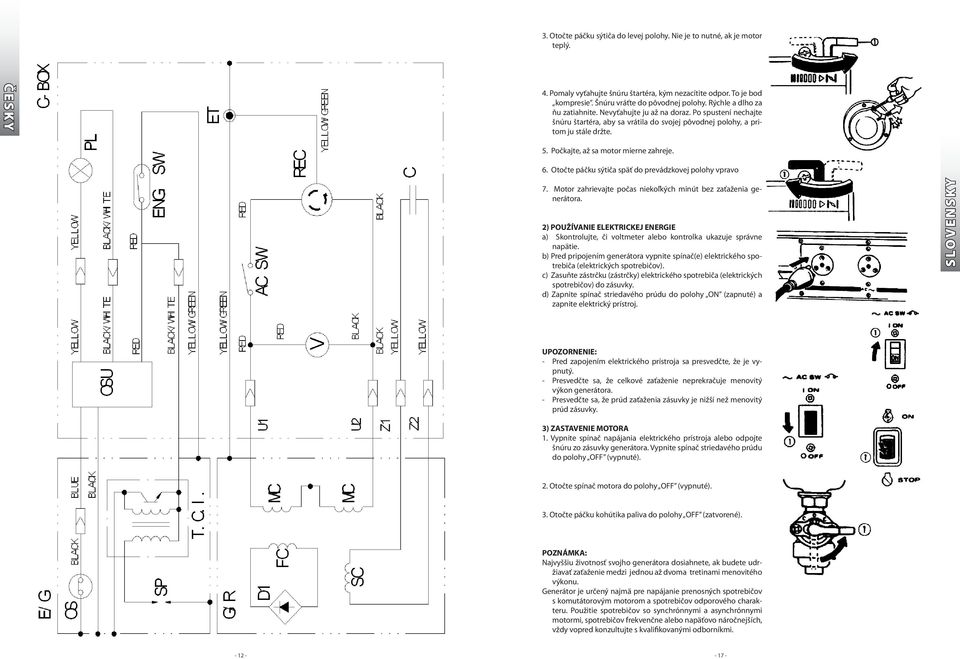 Počkajte, až sa motor mierne zahreje. 6. Otočte páčku sýtiča späť do prevádzkovej polohy vpravo 7. Motor zahrievajte počas niekoľkých minút bez zaťaženia generátora.